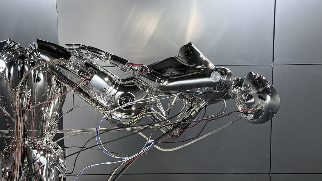 Chrome humanoid sculpture with exposed wires and mechanical components displayed in a futuristic gallery setting, blending technology, art, and human form.