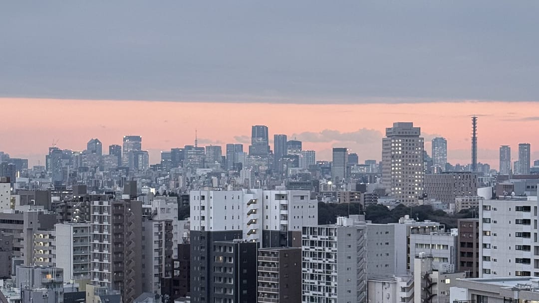 Panoramic city skyline at sunset with pastel pink skies, modern high-rise buildings, and a sprawling urban landscape stretching into the distance.
