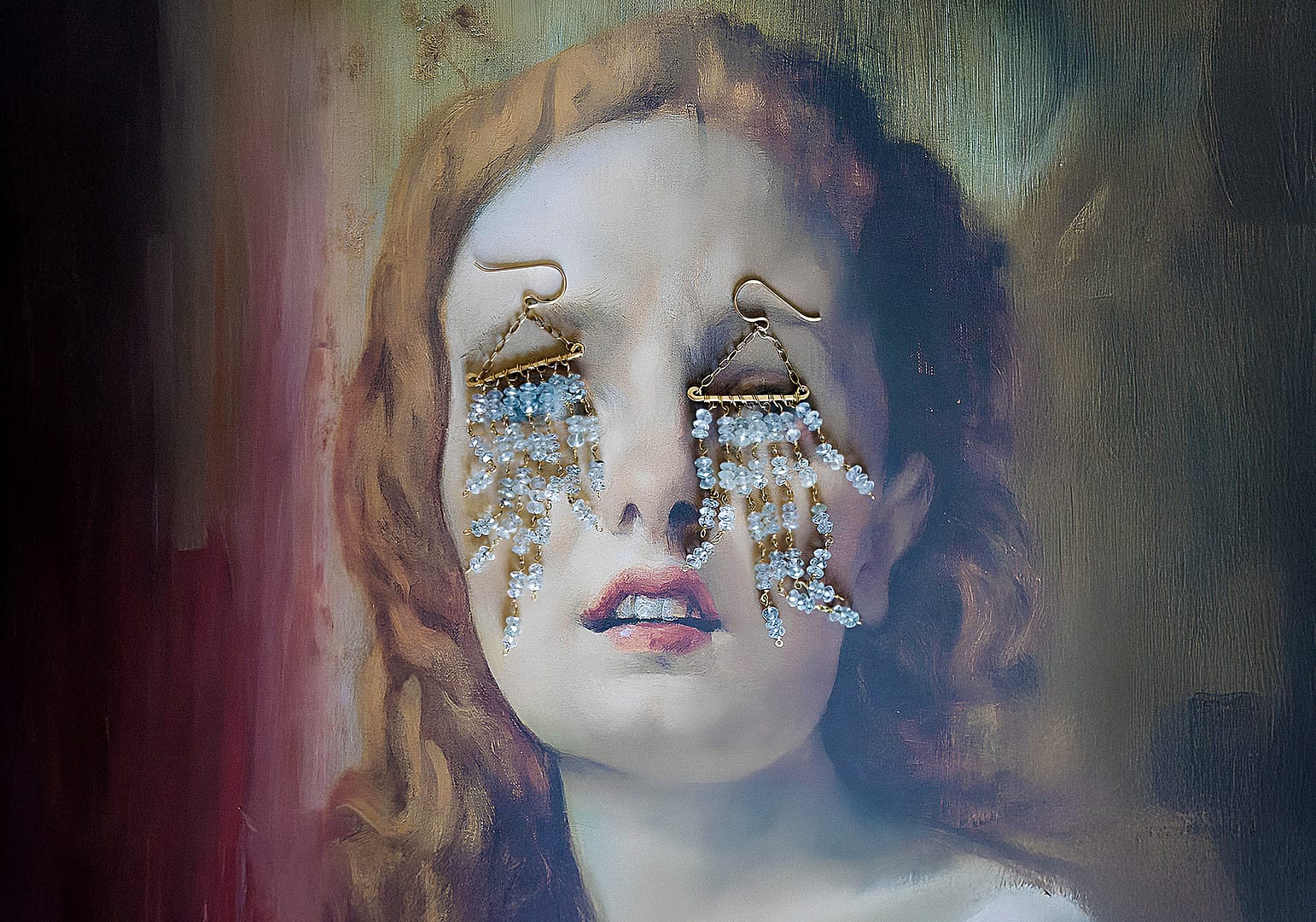 renaissance portrait painting with fringe gemstone earrings on her eyes to mimic drying