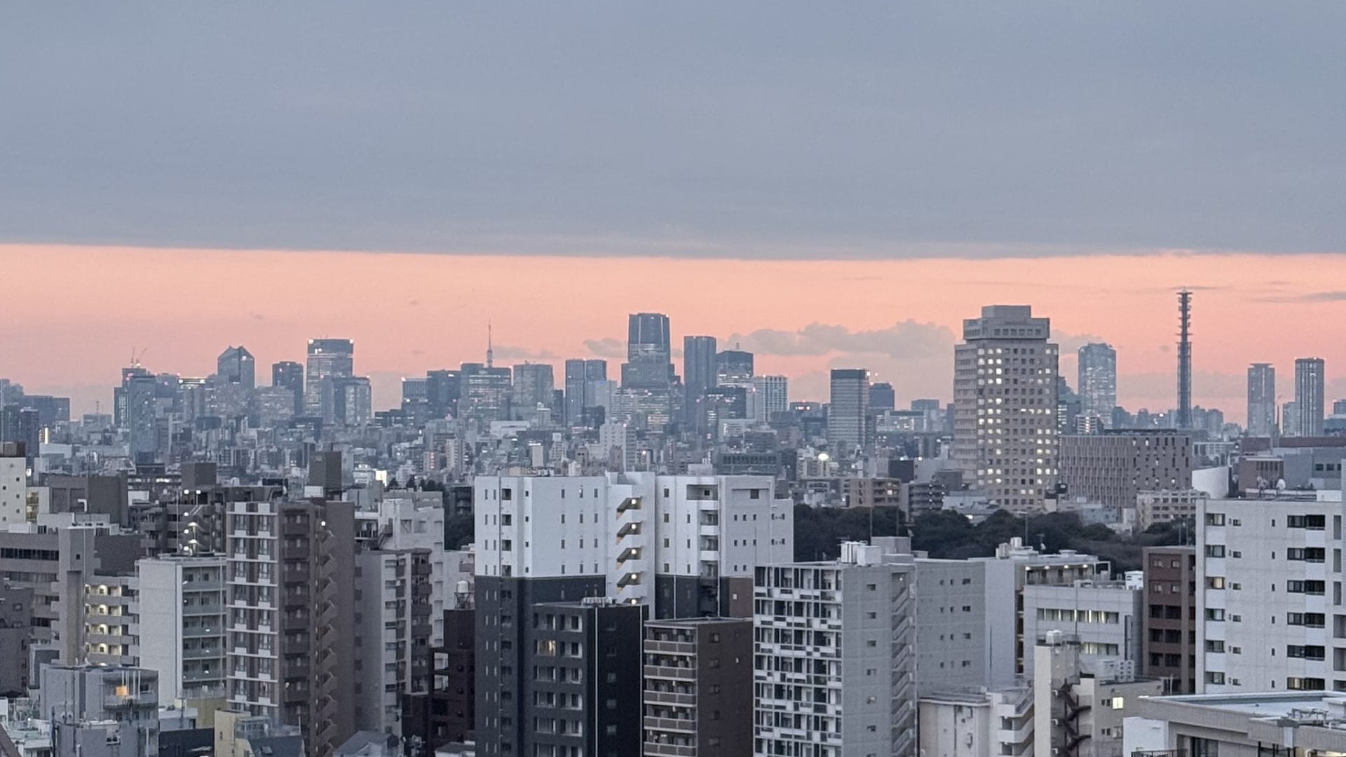 Panoramic city skyline at sunset with pastel pink skies, modern high-rise buildings, and a sprawling urban landscape stretching into the distance.