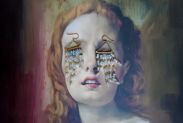 renaissance portrait painting with fringe gemstone earrings on her eyes to mimic drying